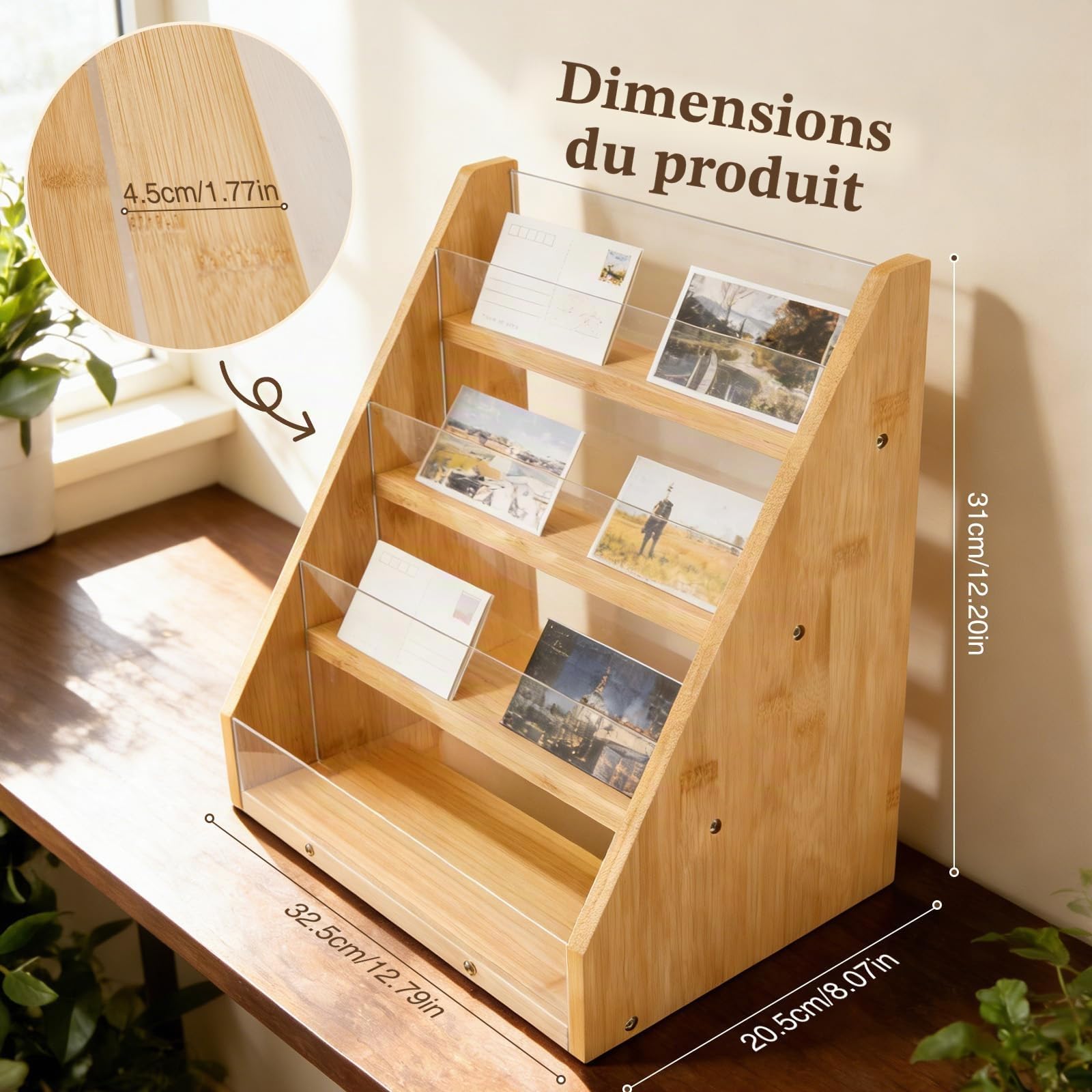 Présentoir à 4 Niveaux pour Cartes en Bambou et Acrylique, Support d'Exposition Portable avec Vitrine, Pour Étiquettes, Comptoir, Commerce de Détail, Bureau et Événements
