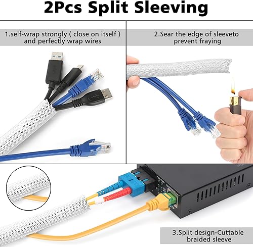 Miniatura 2 de Kit organizador de cables blancos, 2 protectores de fundas de alambre, 41 clips autoadhesivos, 10 unidades + 2 rollos de bridas reutilizables y 100