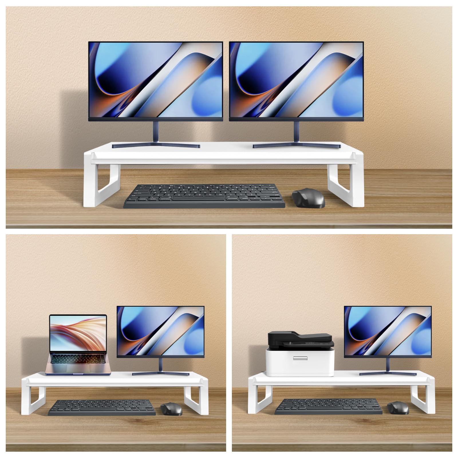 DEEDRR Dual Monitor Stand Riser – 28-Inch Computer Monitor Stand with Multifunctional Slot for 2 Monitors, Multi-Purpose Desktop Storage for Laptop, Printer, TV