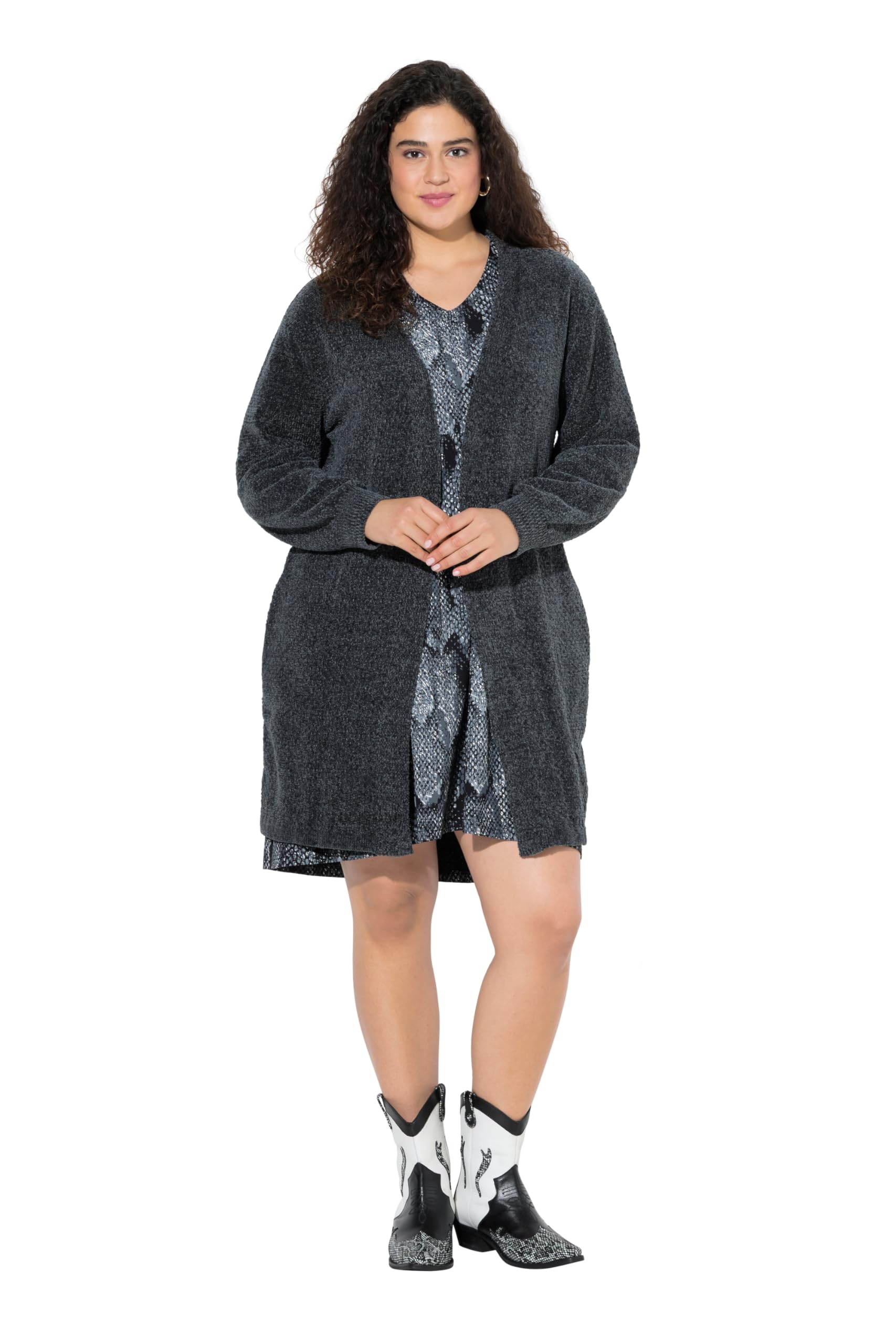 Ulla Popken Damen große Größen Übergrößen Plus Size Chenille-Strickjacke, V-Ausschnitt, offene Form, Langarm 843590