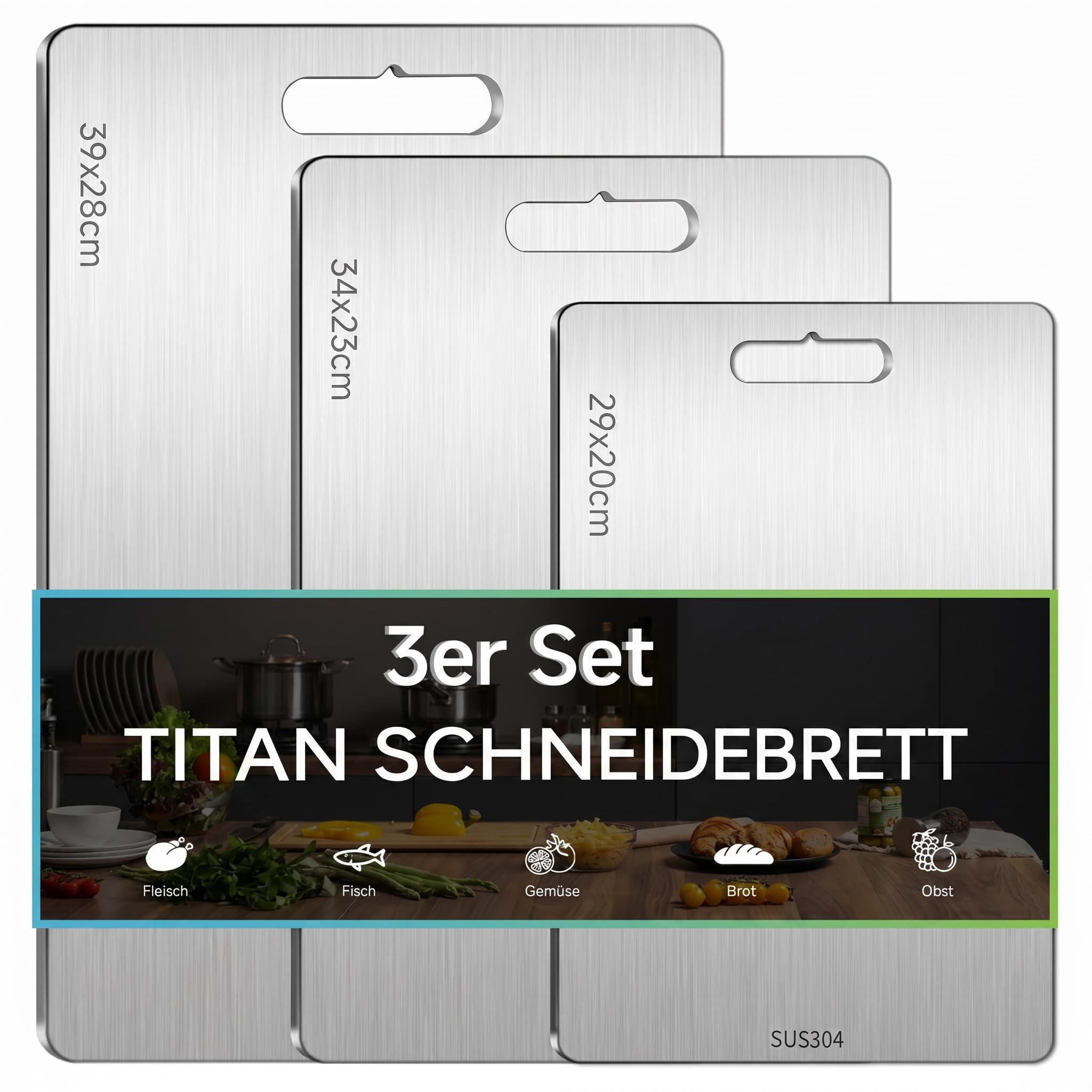 3Stück Titan Schneidebrett, Edelstahl Schneidbretter BPA-frei Rostferi Lebensmittel, Doppelseitig Titanium Cutting Board für Fleisch Brot Gemüse Obst, Spülmaschinenfest