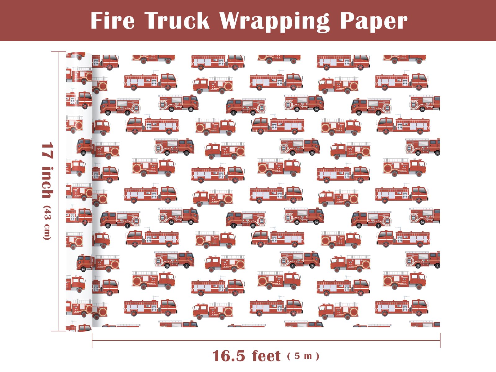 WRAPAHOLIC Rolka papieru do pakowania wozu strażackiego - mini rolka - 43 cm x 40 cm - czerwony papier do pakowania samochodu strażackiego, idealny na urodziny dzieci, chłopców, baby shower