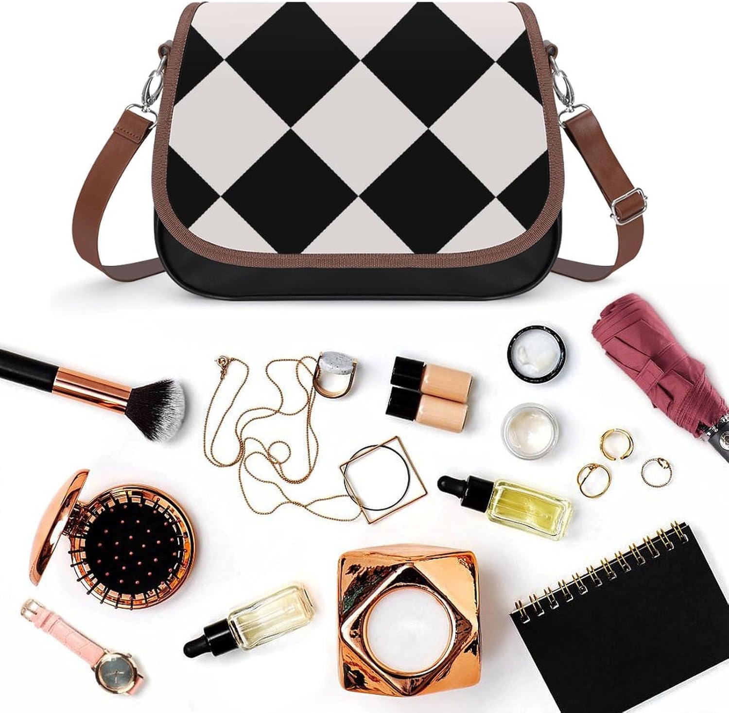 Black And White Diamond Harlequin Pattern HippieWomen's Faux Leather Crossbody Bag, Waterproof Wrinkle-Resistant Shoulder Bag with Detachable Strap, Large Capacity Casual Handbag, Fashion Daily Purse