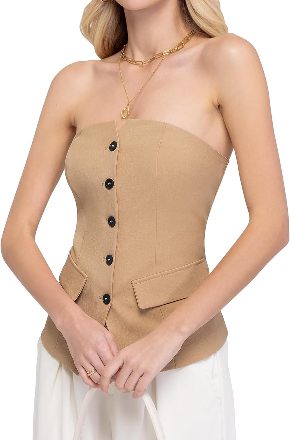 Women's Summer Strapless Vest Tops Notched Neck Tube Tops Button Fitted Sleeveless Work Business Blazer Vest - Image 3