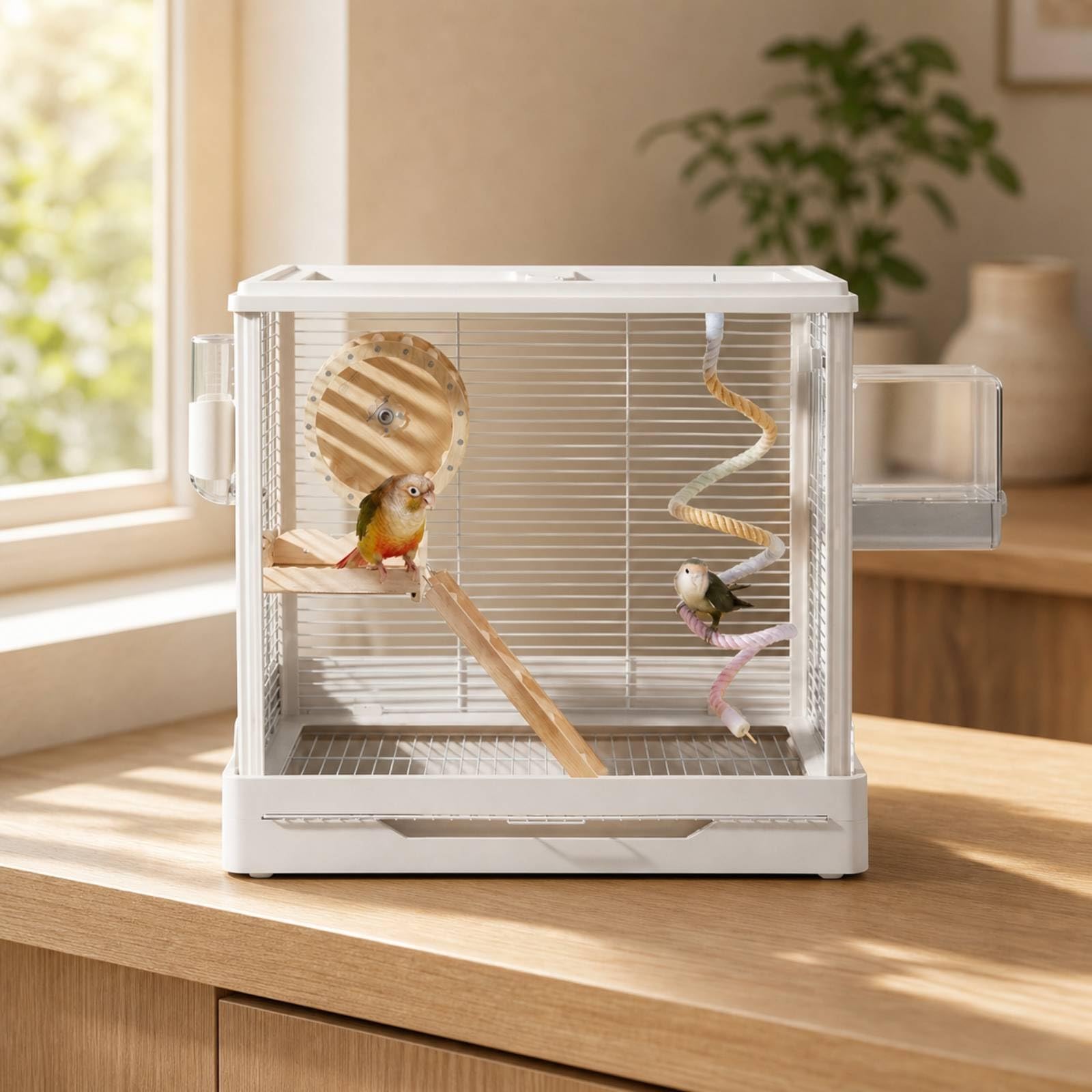 Harilla Vogelkäfig Rechteckige Käfig Haus Gehege mit Stabiler Konstruktion Und Hochgezogener Unterschale für Ordentliche Böden für Wohnzimmer Kinderzimmer, Array, Weiß, Basis-Set