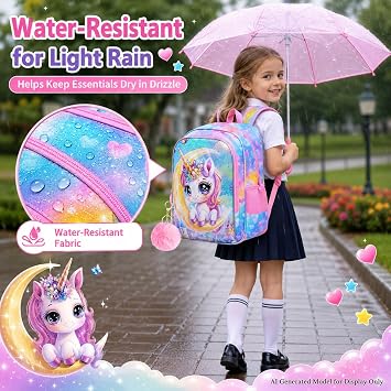 KLFVB 3PCS Unicorn Bookbag for Girls, Water Resistant Kids Backpack with Lunch Box, 16 Preschool Backpack for Elementary - Moon Unicorn