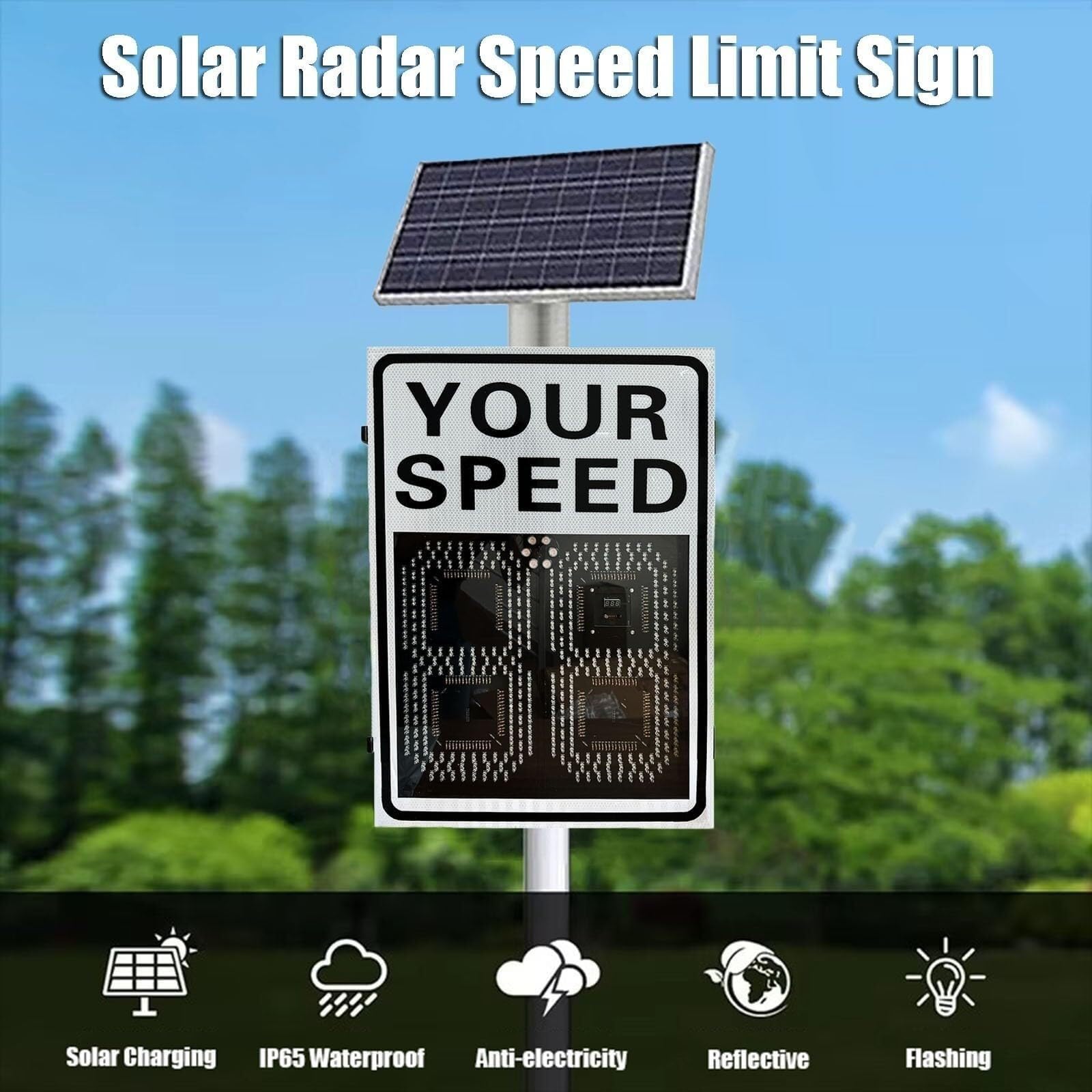 Señal de límite de Velocidad con Radar Solar, Gran Pantalla LED Reflectante de Aluminio for advertencias metálicas en Calles y Carreteras.(50 * 70cm)