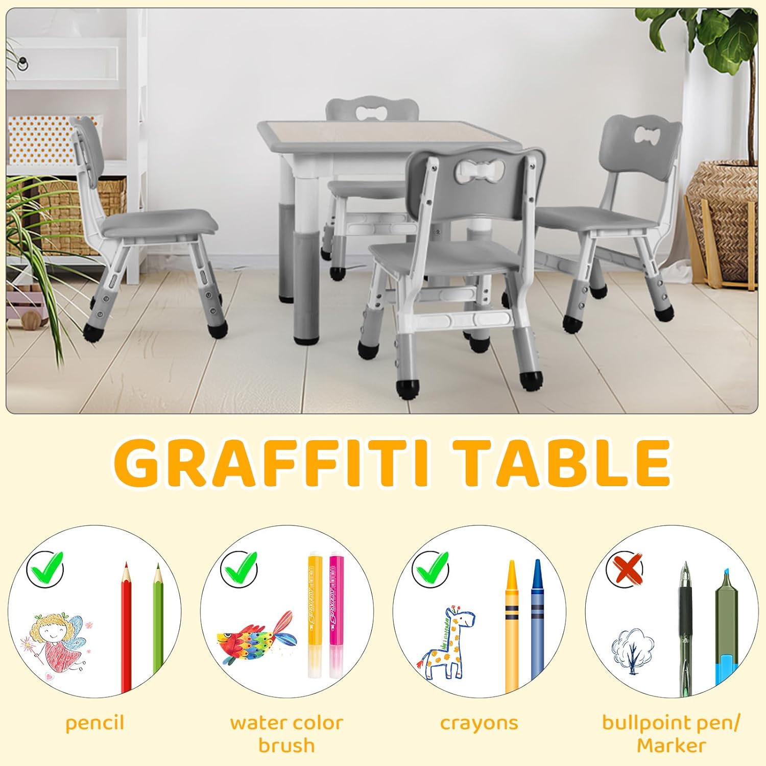Arlopu Kids Table and 4 Chairs Set, Height Adjustable ((18.9"–23.6"), Anti-Slip Childrens Activity Desk, Wipe-Clean Desktop, Montessori Learning, Drawing for Toddler, Classroom, Home & Daycare (Grey)