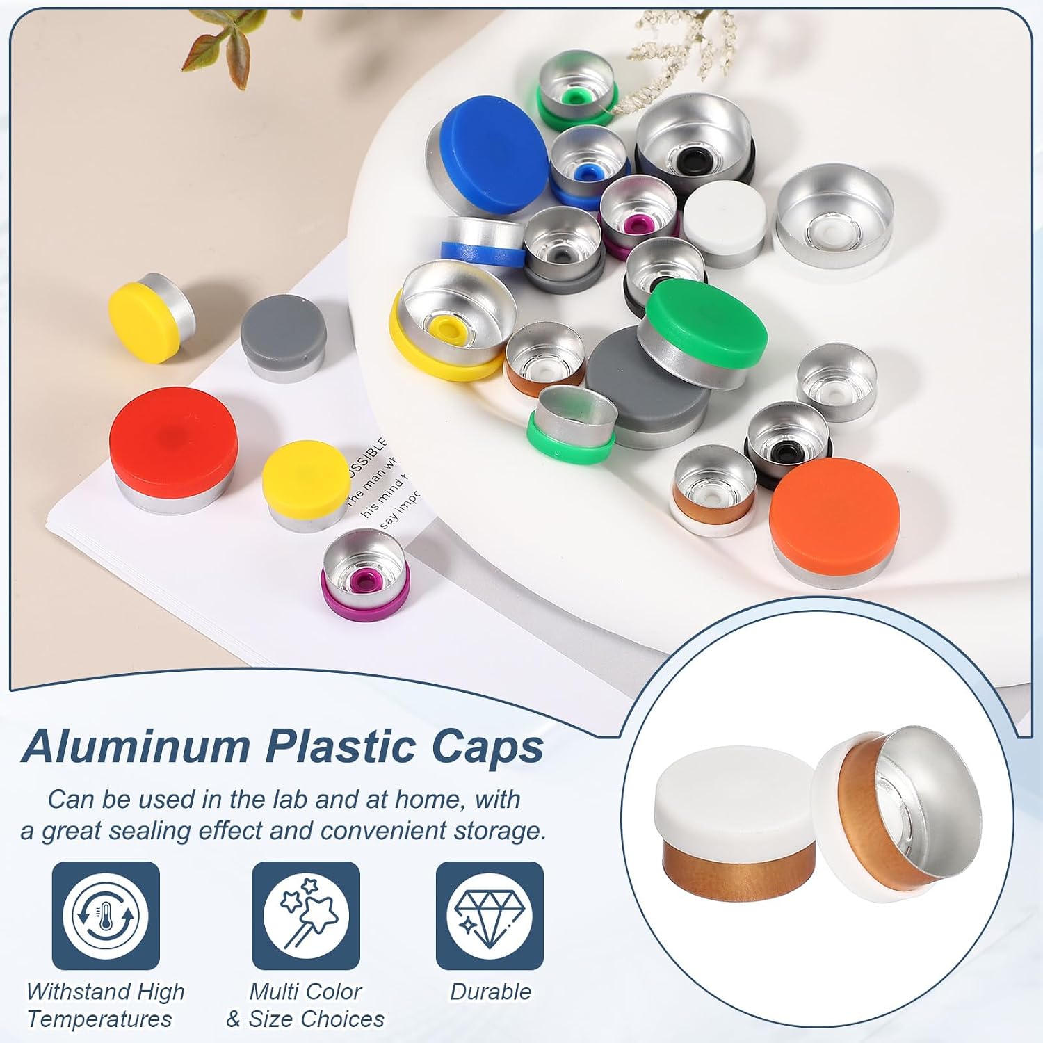 PATIKIL 250 Pcs Plastic Vial Caps, 13mm Aluminum Plastic Vial Top Caps Vial Seals for Lab Glass Vial Oral Liquid Bottles Freeze Dried Bottles, White Gold