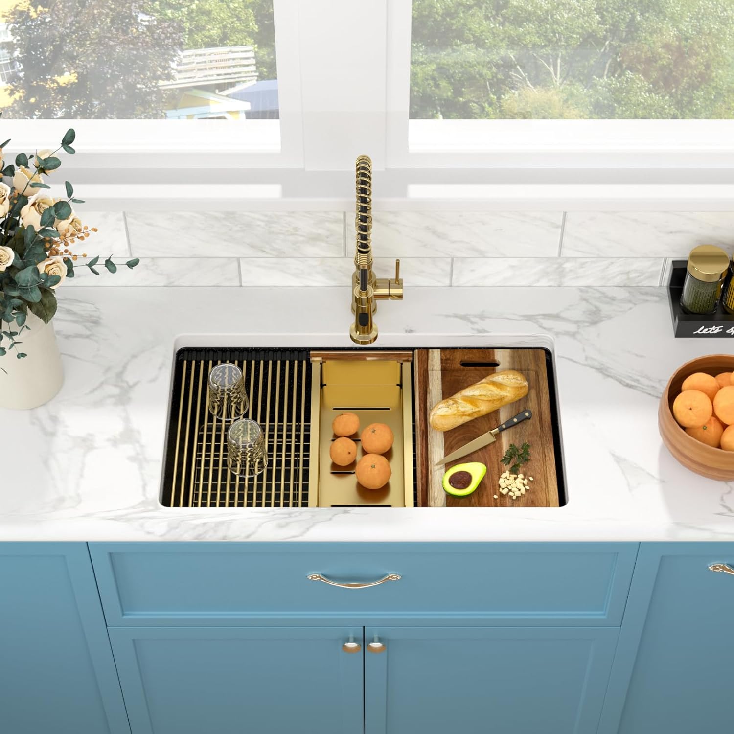 Sarlai 33 Granite Composite Kitchen Sink - 33 x 19 Inch Granite Undermount Kitchen Sink Ledge Workstation Under-Mount White Quartz Classic Single Bowl Sinks Under Counter Basin With Gold Accessories