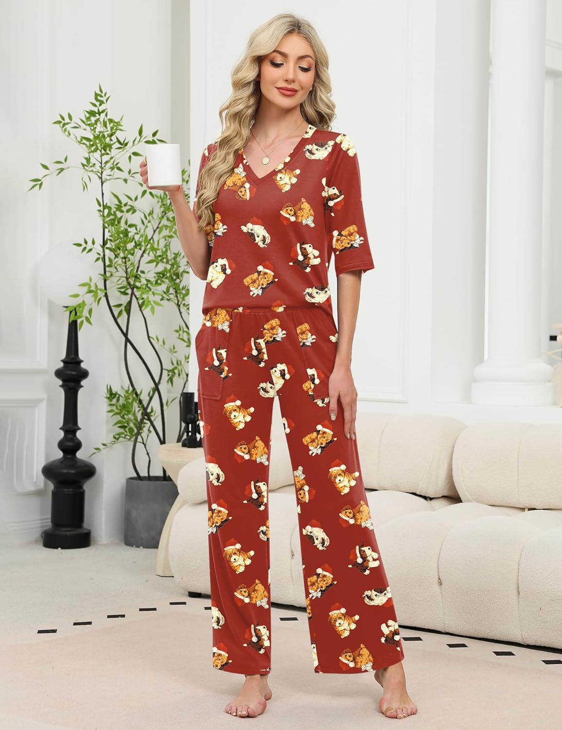 LOMON Women's 2 Piece Lounge Pajama Sets Soft 3/4 Sleeve Tops and Wide Leg Pants Loose Casual Outfits with Pockets - Image 3