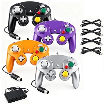 Burcica 4PCS Controllers for Gamecube, with 4 Extension Cables and 4-Port USB Adapter for Switch PC Wii U Console