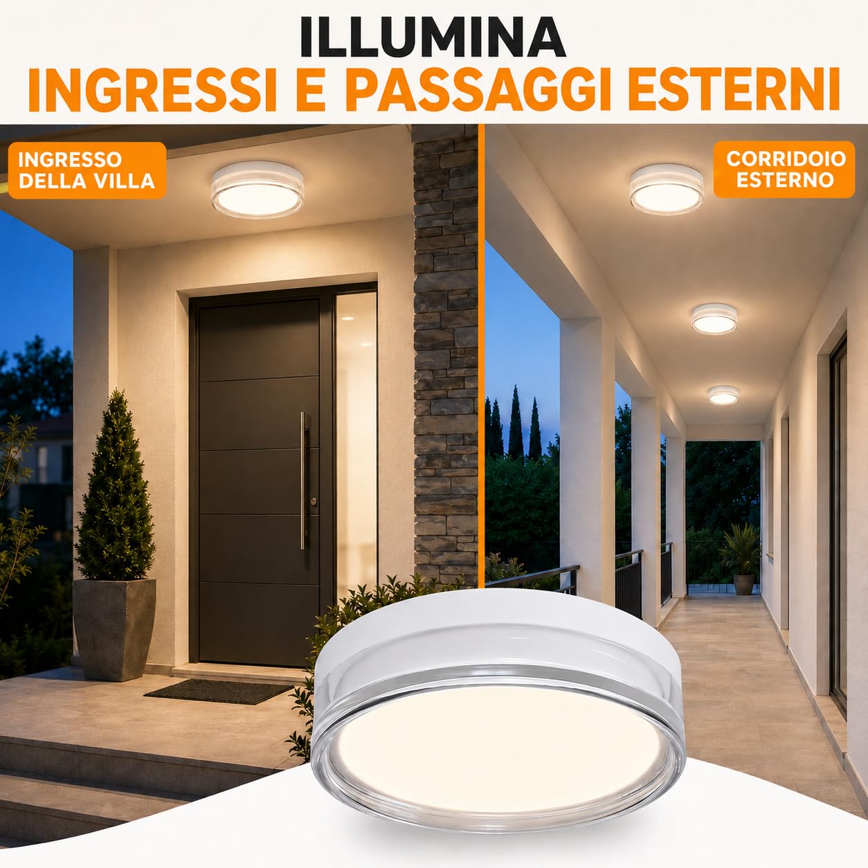 MARSI Plafoniera LED IP65 Ø30 cm 24W, 3 CCT 2800K 4000K 6000K | Bianca, installazione a soffitto o parete, per bagno, corridoio e balcone. Bordo in acrilico trasparente