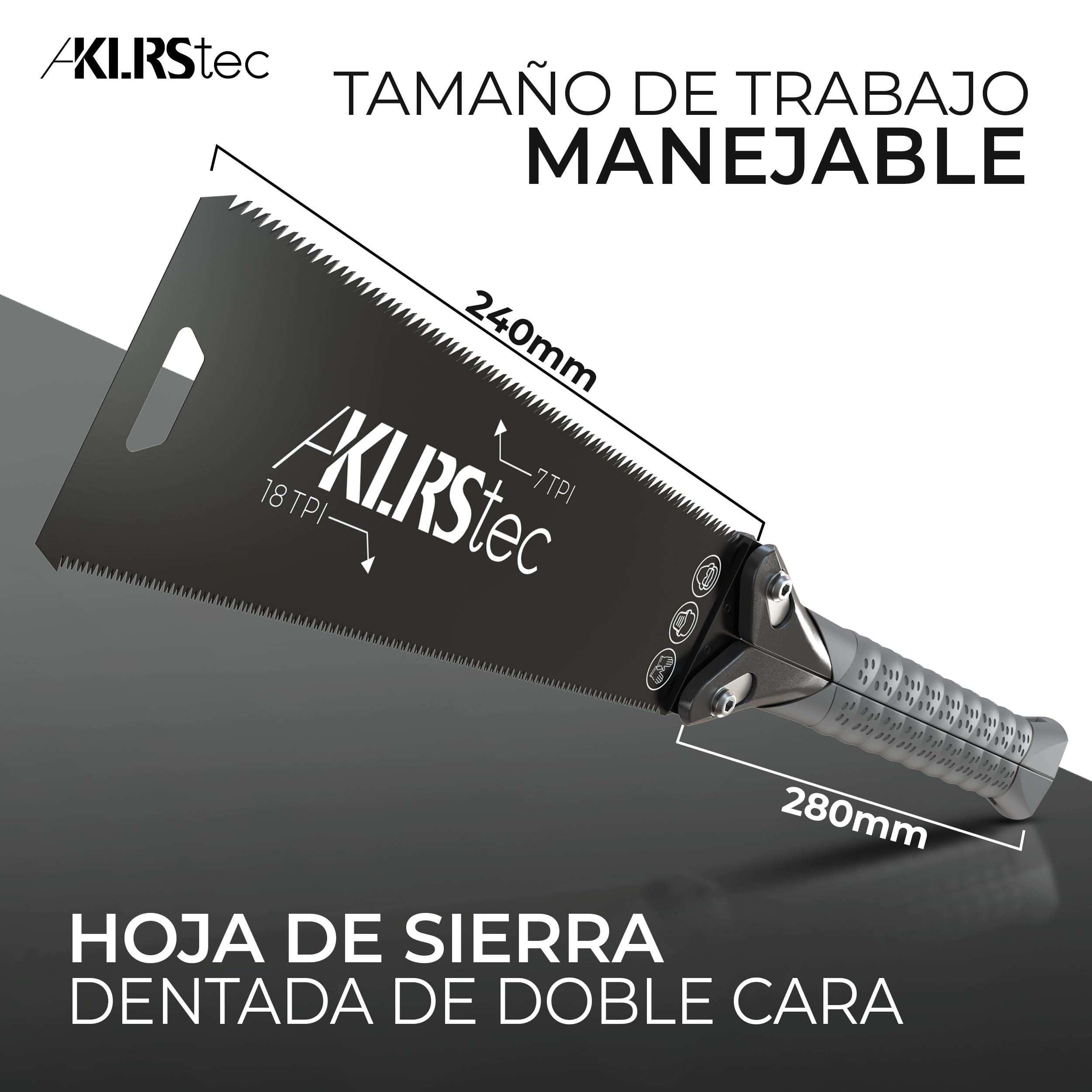 KLRStec Sierra japonesa PRO XL - Hoja de sierra dentada de doble cara [240mm] de acero al carbono - Sierra de tracción plegable con mango de TPU antideslizante