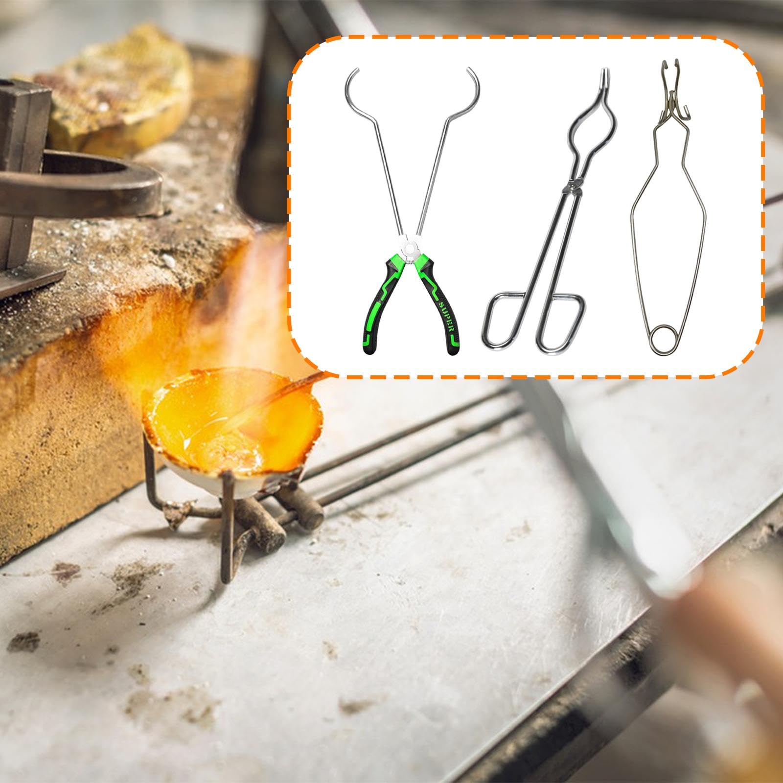 rockible Set di 3 pinze per crogiolo per la Fusione dei Metalli, ergonomiche, Resistenti e pratiche, Ideali per la creazione di Gioielli.