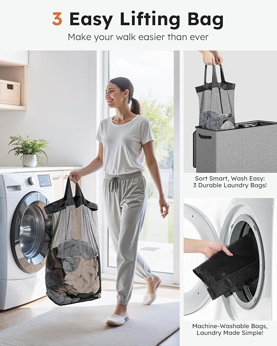SOLEDI 180L Laundry Basket 3 Section, Extra Large Laundry Hamper with Lid, Dirty Clothes Hamper with Sturdy Handle, Large Laundry Basket Organizer for Laundry Room, Bedroom, Hampers for Laundry