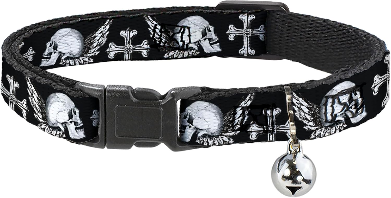 Buckle-Down Breakaway Cat Collar | Buckle Down Skulls Wings Black White Durable Adjustable Bell ID Tag Ring