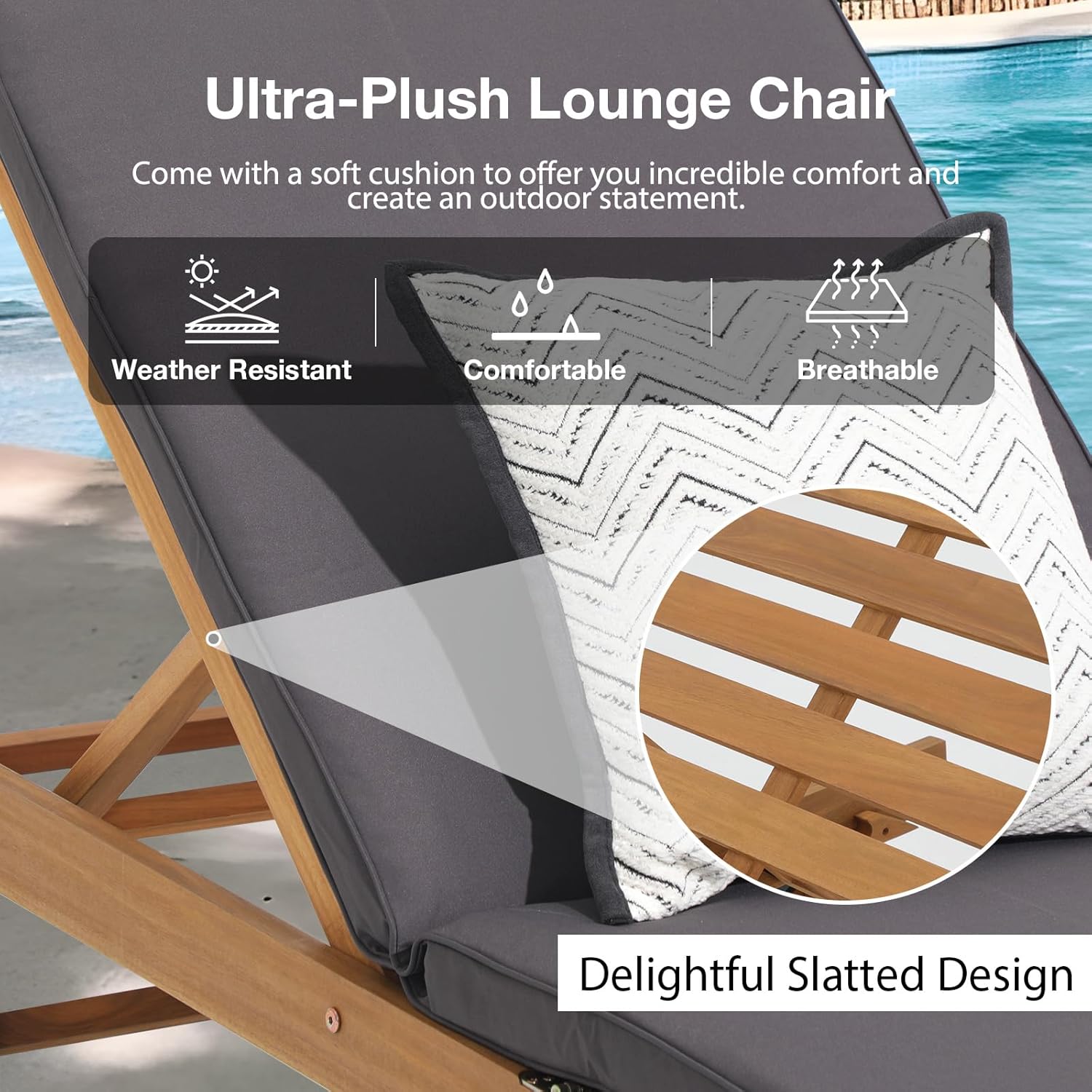 Patiorama Patio Acacia Wood Chaise Lounge Set of 2, Outdoor Folding Lounge Chair Recliner w/Adjustable Backrest, Wheels,Padded Cushion, Portable Sun Lounger Pool Chair for Deck,FSC Certified,Dark Grey