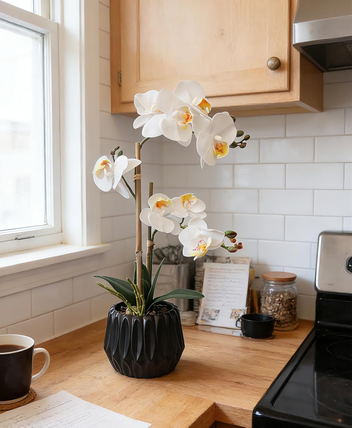 White Orchid Artificial Flowers Faux Potted Plants for Tables Home Office Decor Realistic Fake Flowers Party Wedding Decorations