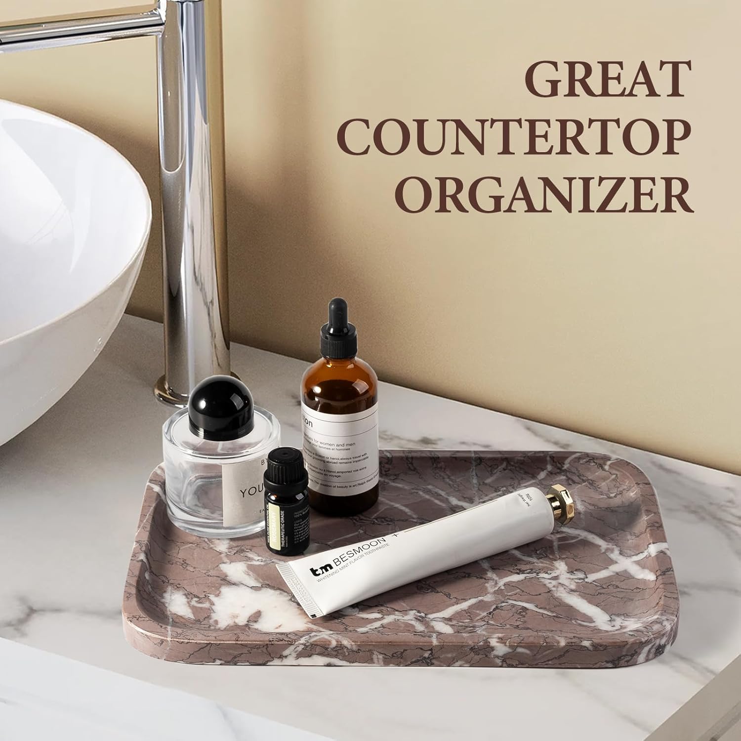 Koville Marble Vanity Tray, 12"x8" Marble Catchall Tray for Countertop Bathroom Kitchen Dresser, Rectangular Decorative Stone Tray for Jewelry Cosmetics Perfume Trinket(Lalic)