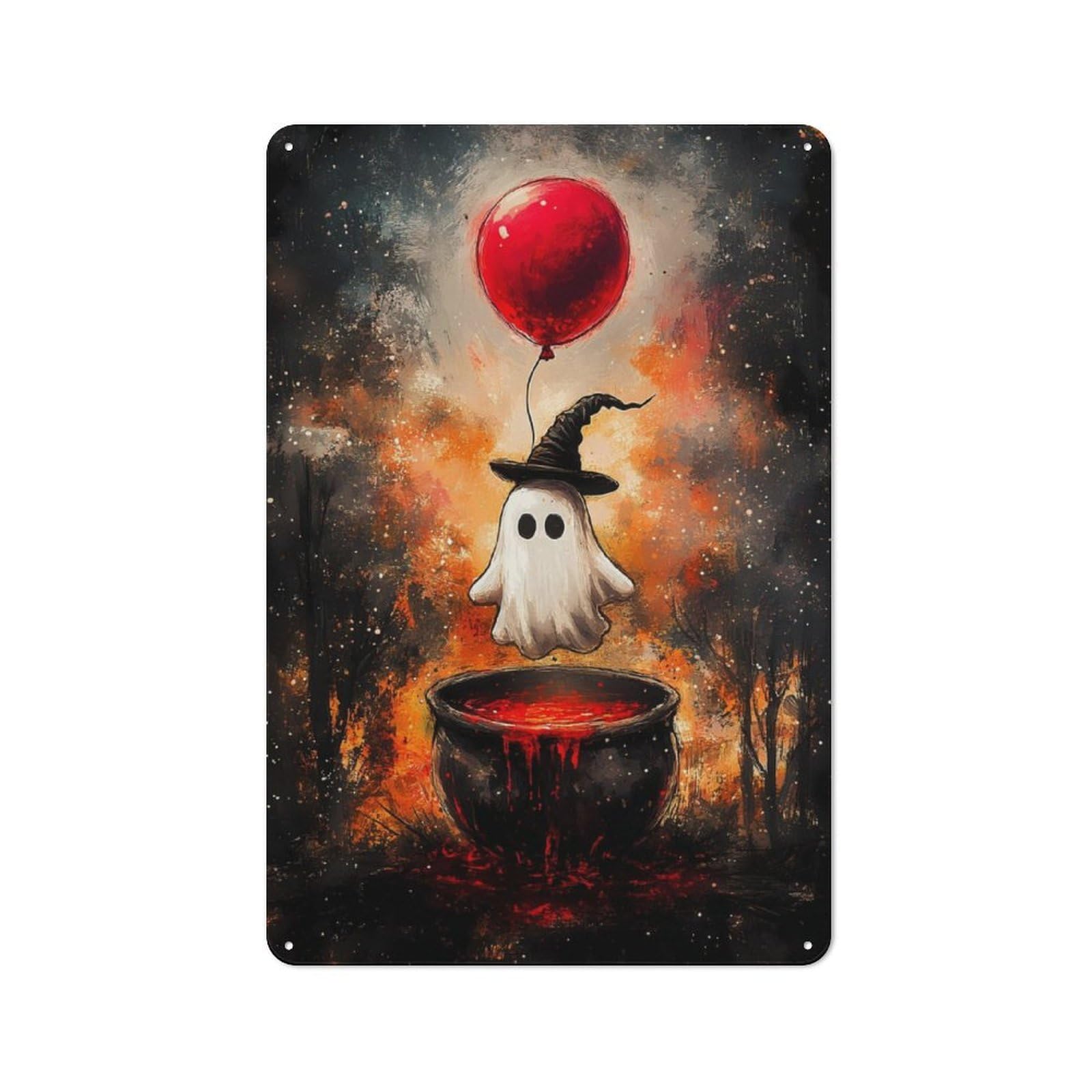 Metal Wall Sign 30x20cm Featuring Ghost with Balloon And Cauldron for Garage Or Workshop, Suited to Workshop Owners