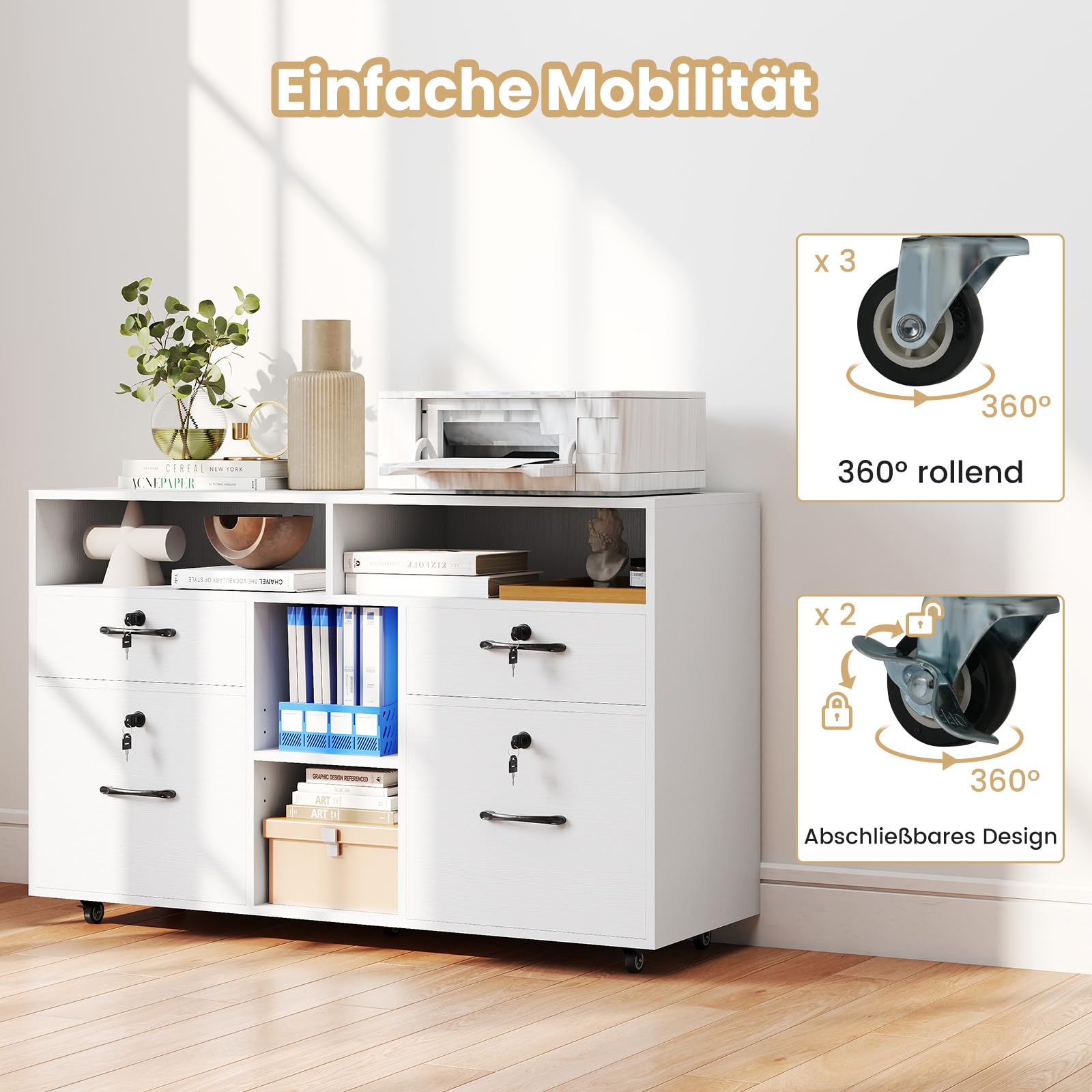 COSTWAY Rollcontainer mit 4 Schubladen, mobiler Aktenschrank abschließbar mit verstellbarem Regal & offenen Fächern, Büroschrank für Schreibtisch, Druckerständer für Zuhause, Büro (Weiß)