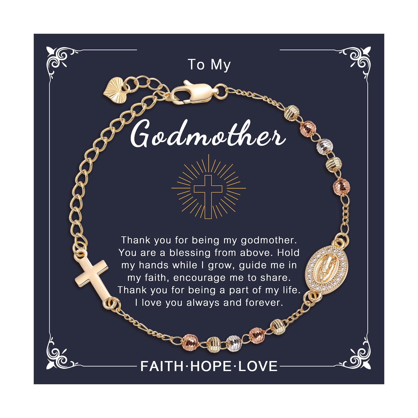 Religious Gift Rosary Bracelet for Women-14K gold plated Virgen de Guadalupe Rosary Beads Cross Charm Link Chain, Dainty Virgin Mary Catholic Gifts for Confirmation Baptism First Communion Godmother