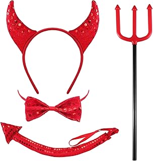 WILLBOND 4 Pieces Sequin Devil Costume Halloween Devil Horn Headband Glittery Devil Tail Red Bowtie Devil Fork for Halloween Costume Accessories