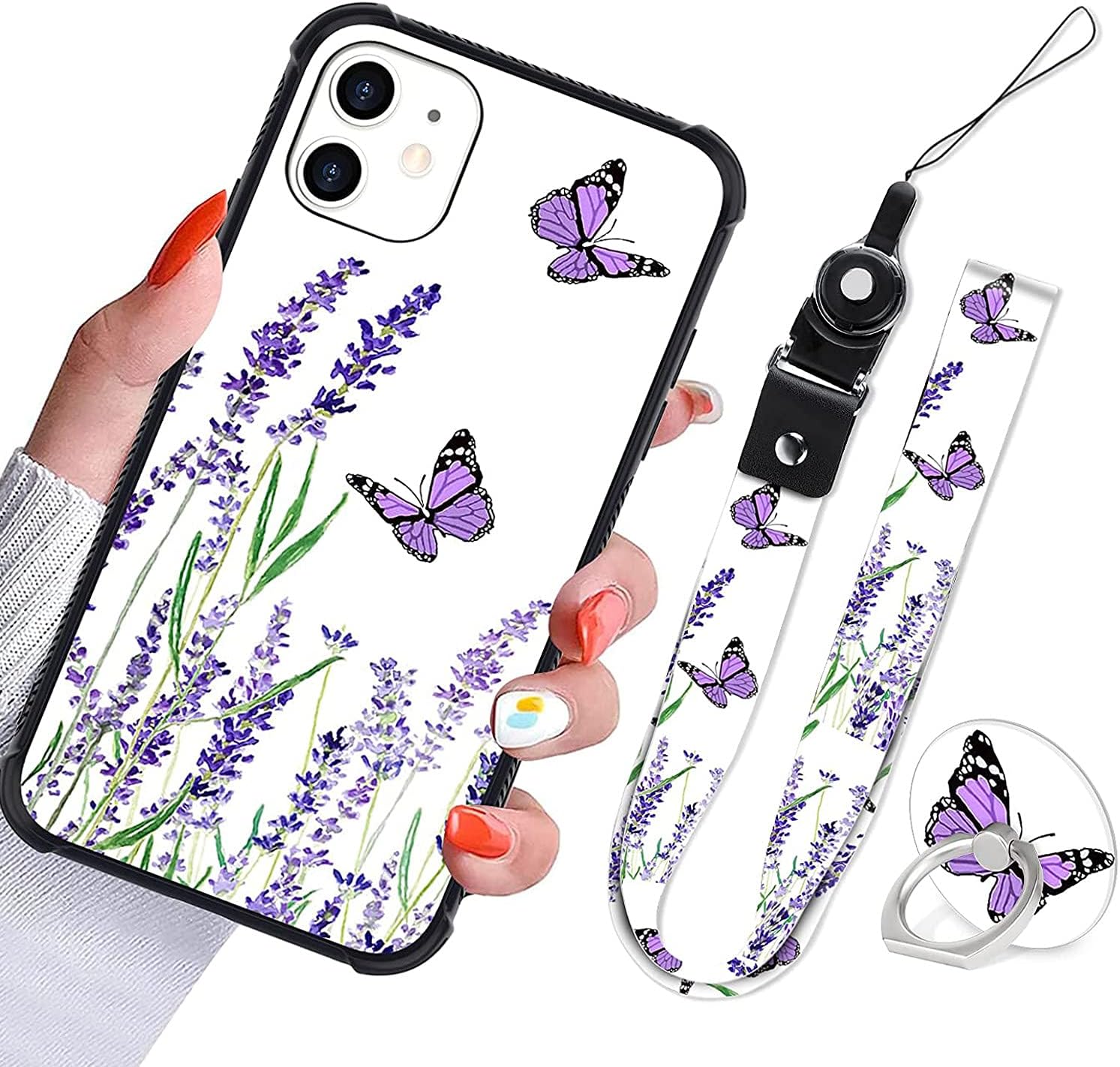 OOK iPhone 11 Case Cute Flower Floral Pattern Strap Lanyard Ring Holder Kickstand Women Girls Slim Lavender Butterfly Protective Shockproof Back Bumper Cover Case for iPhone 11 6.1 Inch