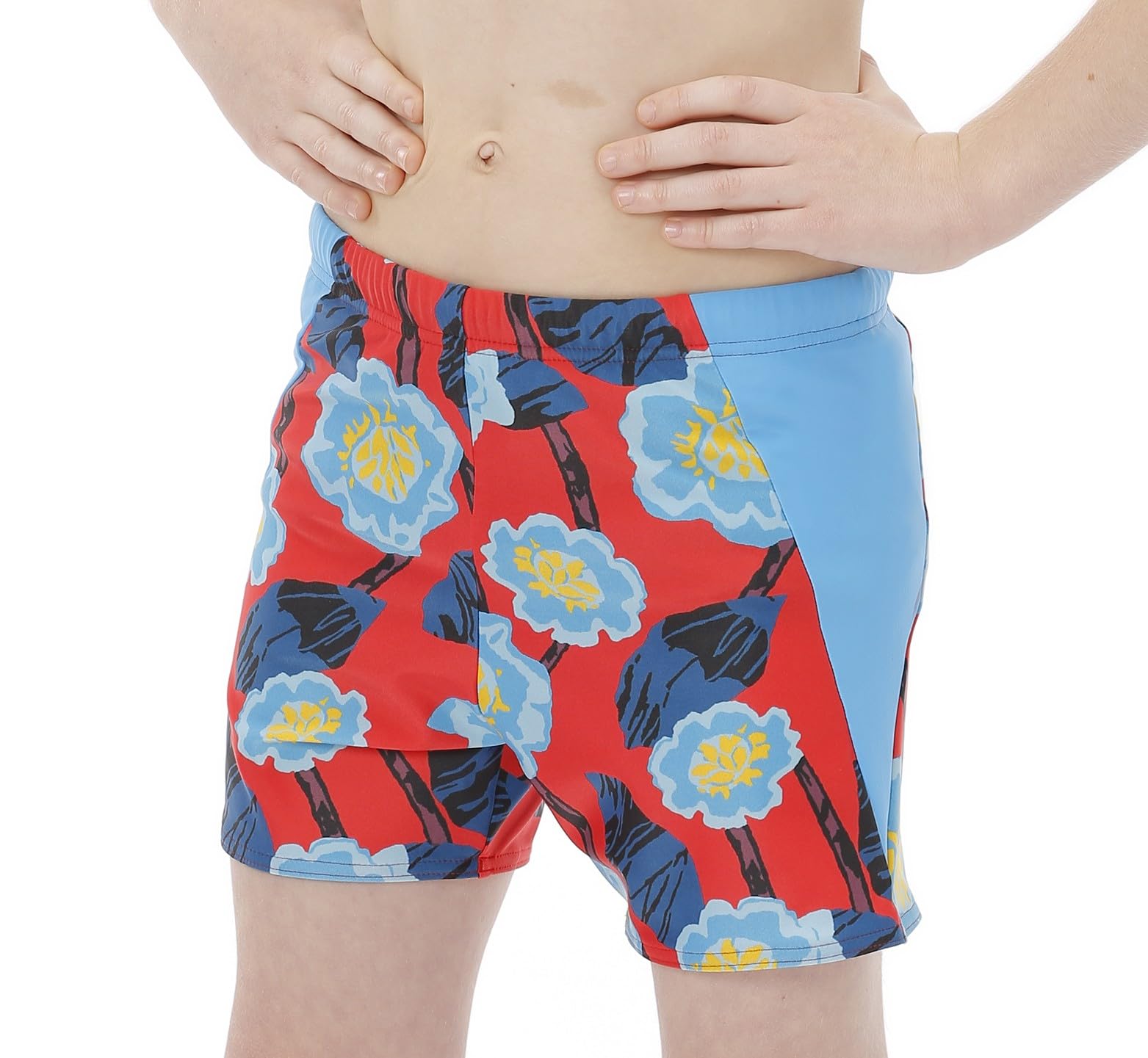 Short de bain pour garçons et filles, motif floral bleu avec slip intérieur imperméable intégré, tissu résistant au chlore UVF 50+