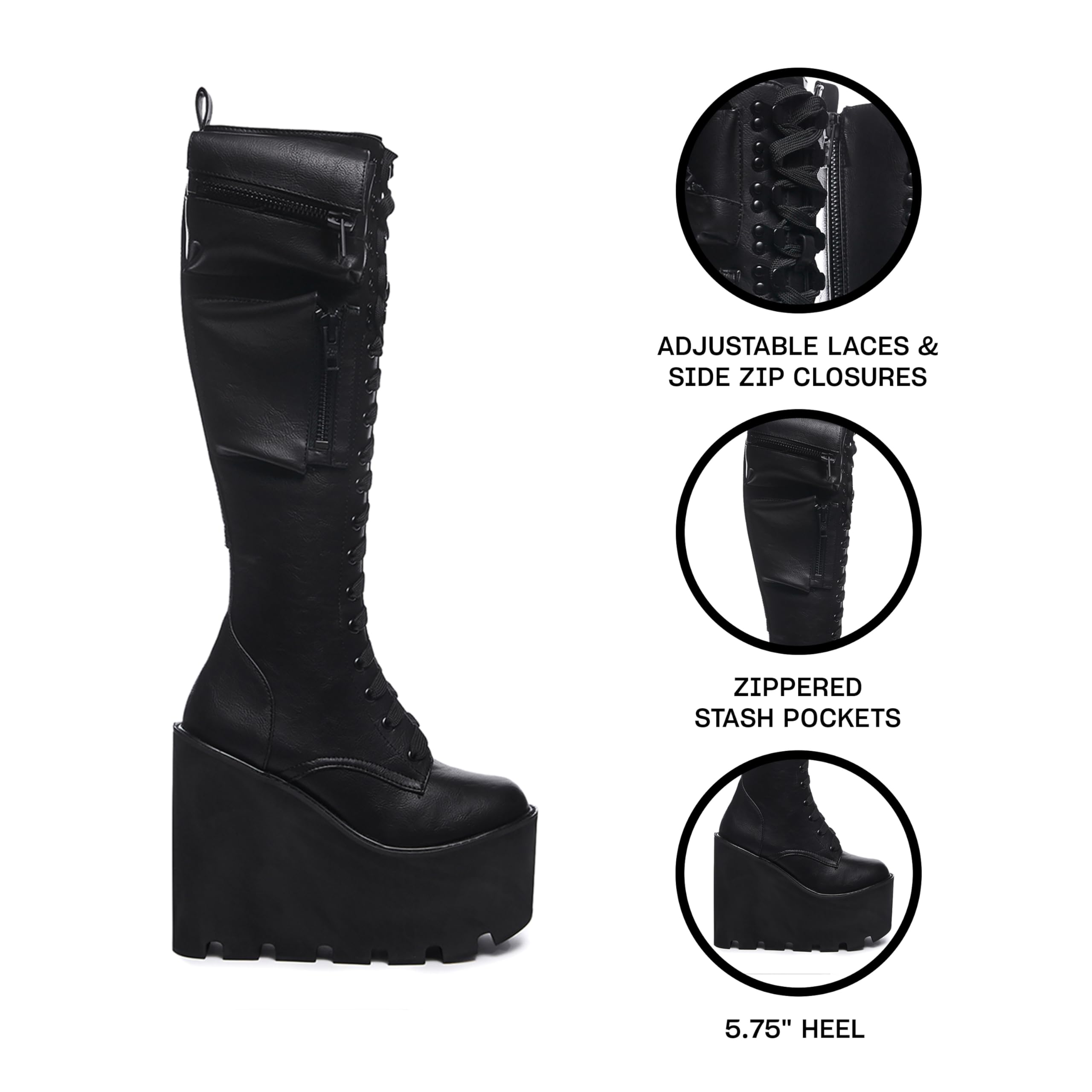 Dolls Kill Obsidian Pocket Platform Boots by Current Mood – Vegan Leather Knee High Boots for Grunge Fashion