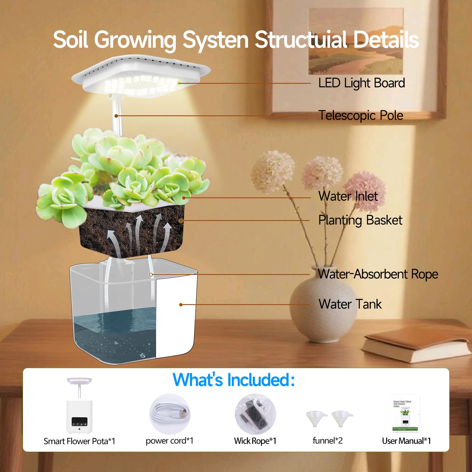 Pot de fleurs intelligent multifonctionnel, pot de fleurs pour plantes d'intérieur en hydroponie avec enceinte Bluetooth, lumière LED de croissance réglable pour plantes, humidificateur, purification