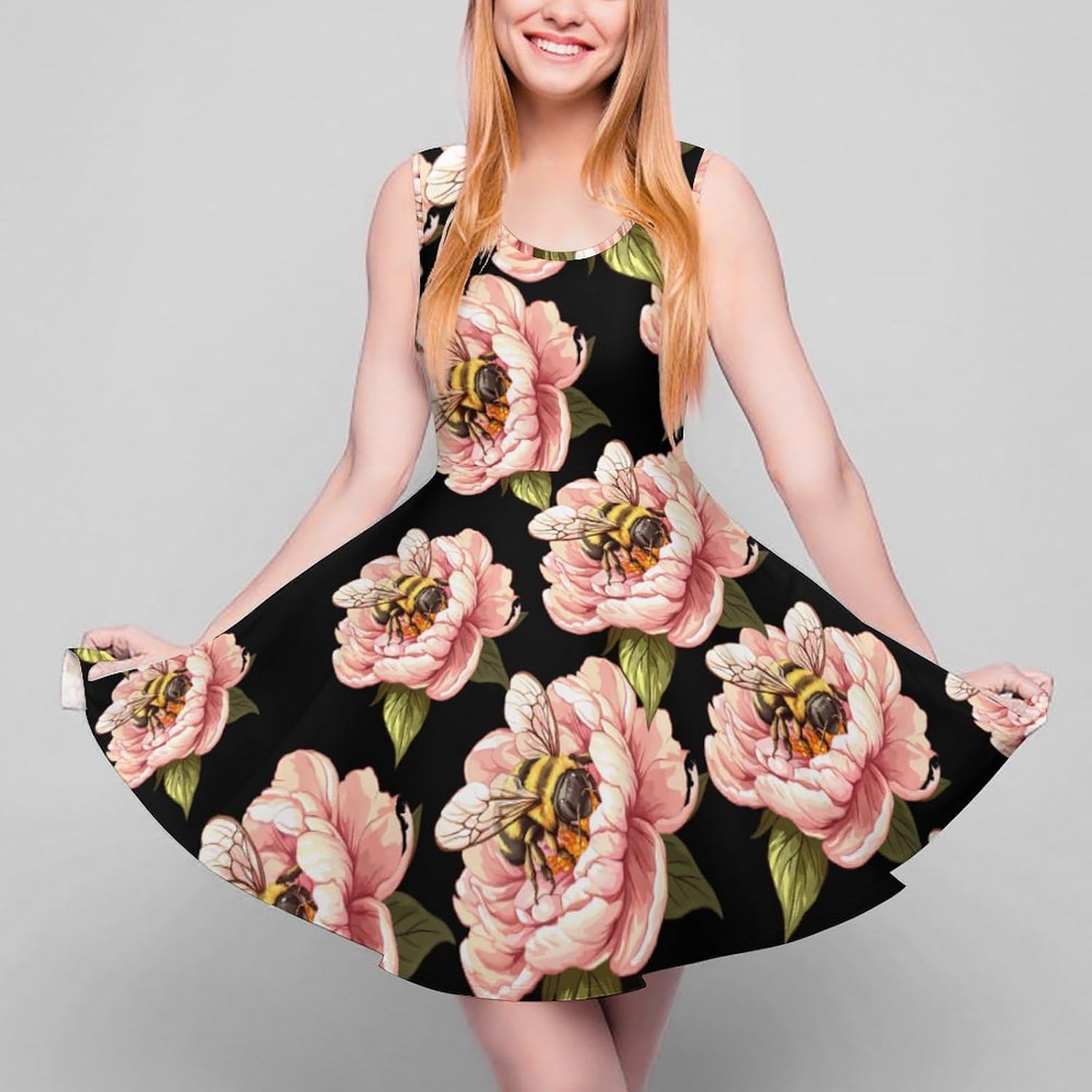 Bees Flowers Women's Dresses Round Neck Dress Sleeveless Tank Dress Ruffle Hem Sundress