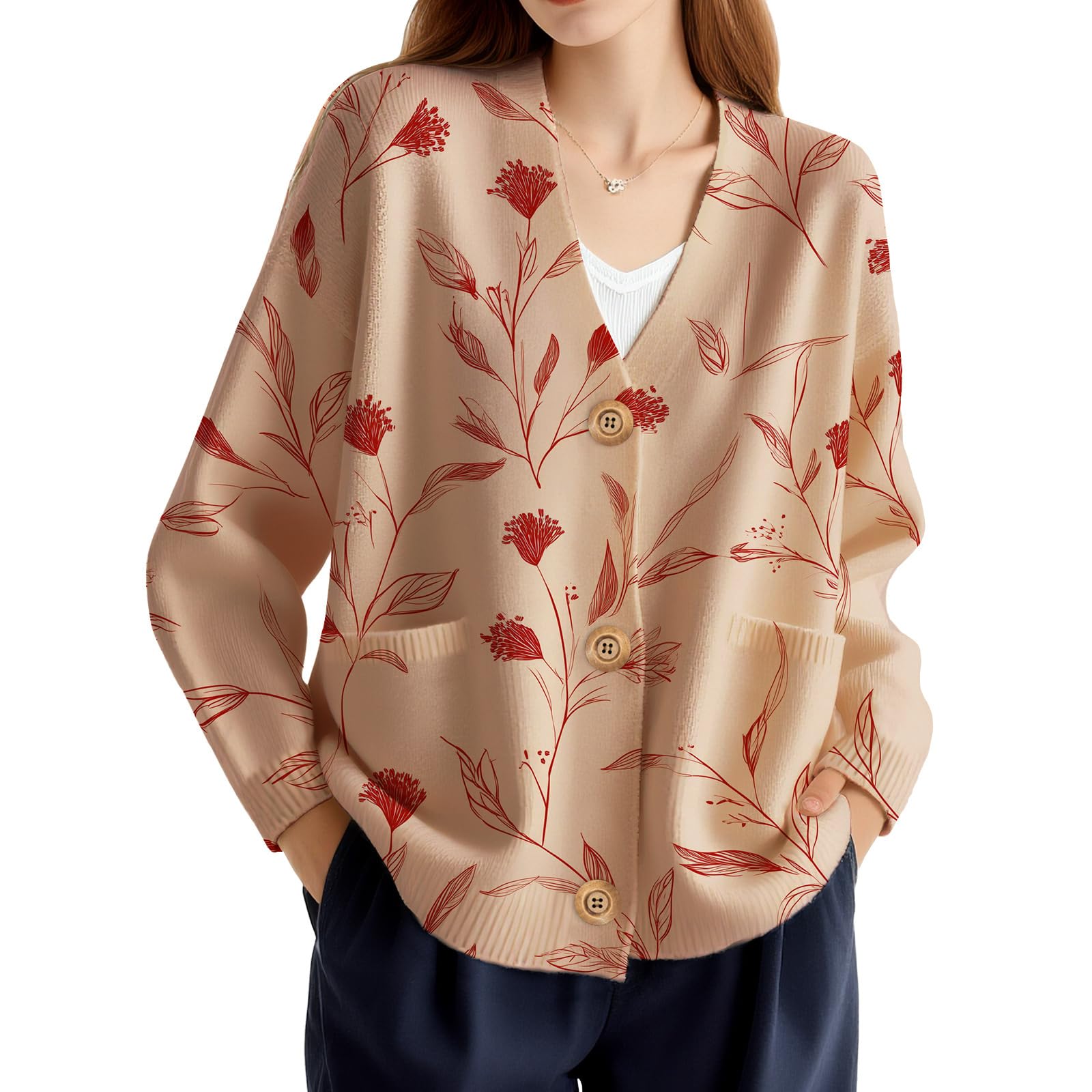 Womens Boho Floral Graphic Print Long Sleeve V Neck Knit Cardigan Sweaters Button Down Warm Fall Winter Sweater