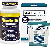 Vista 1 de Macuhealth Vitaminas oculares de triple carotenoide para adultos con luteína, zeaxantina y meso-zeaxantina (suministro para 3 meses) y MacuWipes