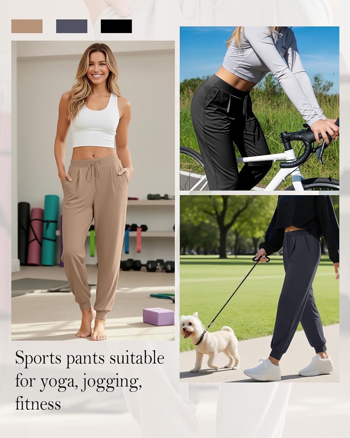 3 Pack Women's Yoga Joggers Pants, Drawstring Running Sweatpants with Pockets Lightweight Workout Lounge Pants - Image 2