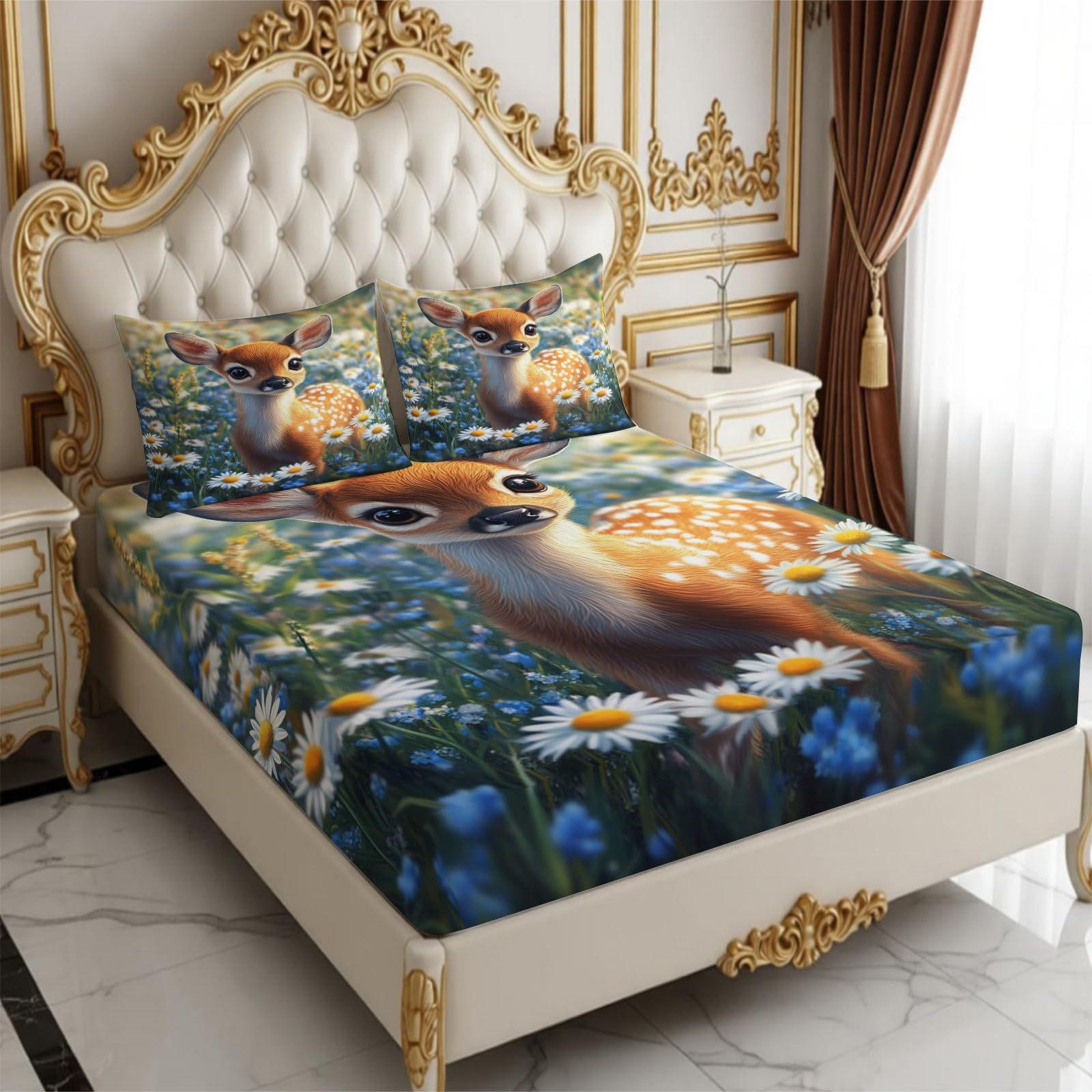 Lenzuolo con Angoli 180 x 200 cm Microfibra cervo dei fiori Lenzuolo Sotto Elasticizzato Profondo 25 cm marrone per Letto Singolo e Matrimoniale