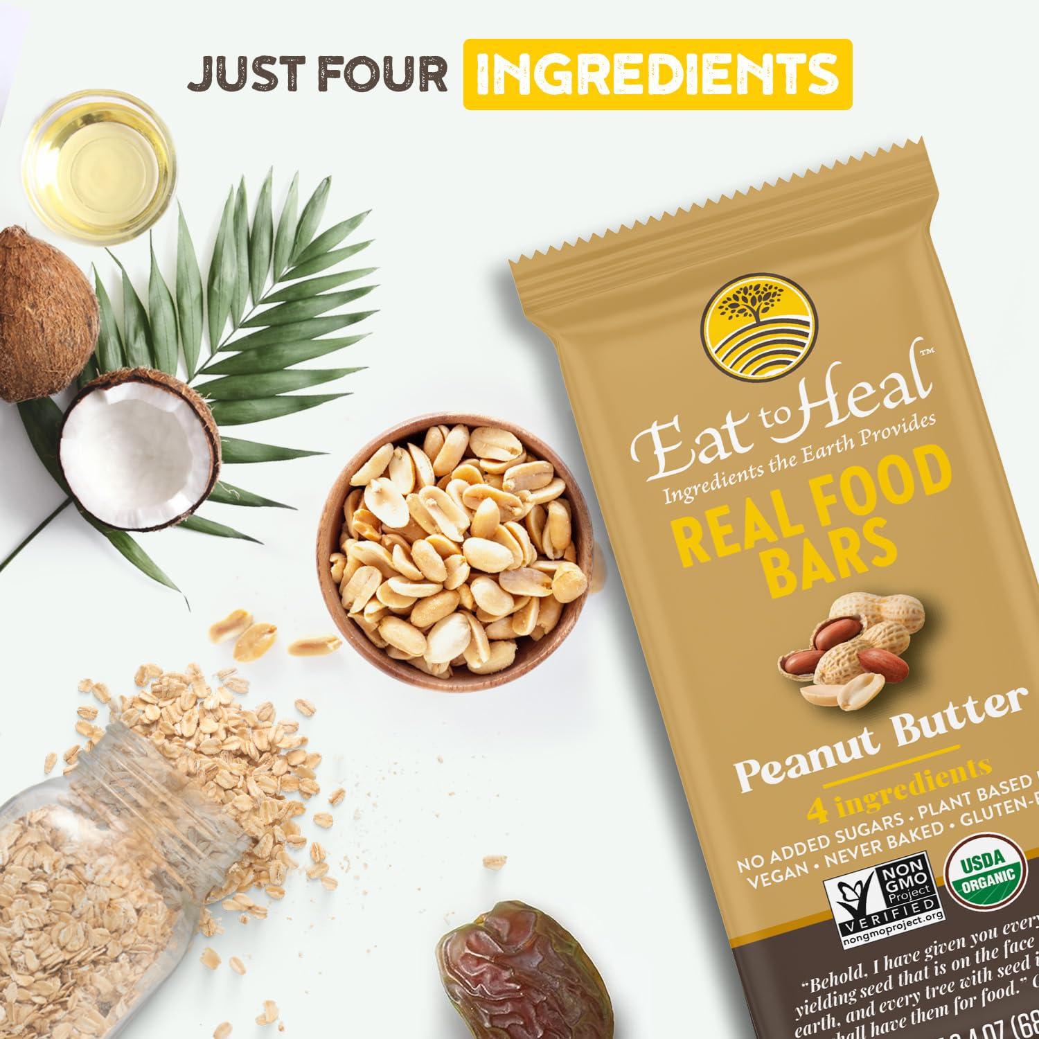 EatToHeal Peanut Butter Real Food Bar - Organic Vegan Healthy High Protein Bars - Low Sugar Meal Replacement, Non GMO, Never Baked, Plant Based, Gluten Free - Crafted to Enjoy, Not Sit on Shelves