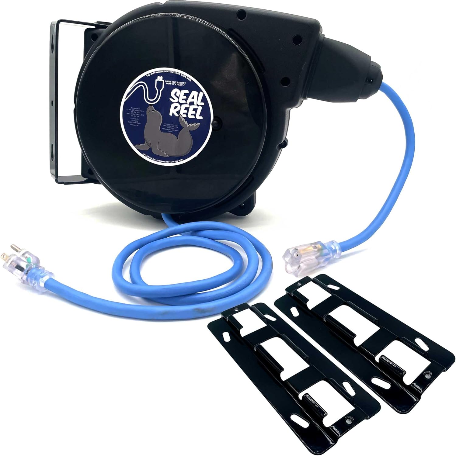 Outdoor Retractable Extension Cord Reel – 50ft 12/3 SJEOOW Cable, Watertight, 20A Breaker, Flexible to 10°F, Includes 2 Mounting Brackets, 180° Swivel Mount, SR-502012-F-SB