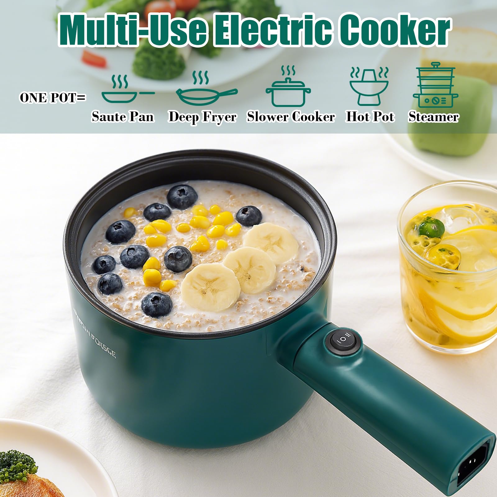 Olla eléctrica, olla de ramen de 1.8 L, cocina portátil, sartén antiadherente, olla eléctrica para pasta, huevo, filete, protección contra sobrecalentamiento, control de potencia dual 7