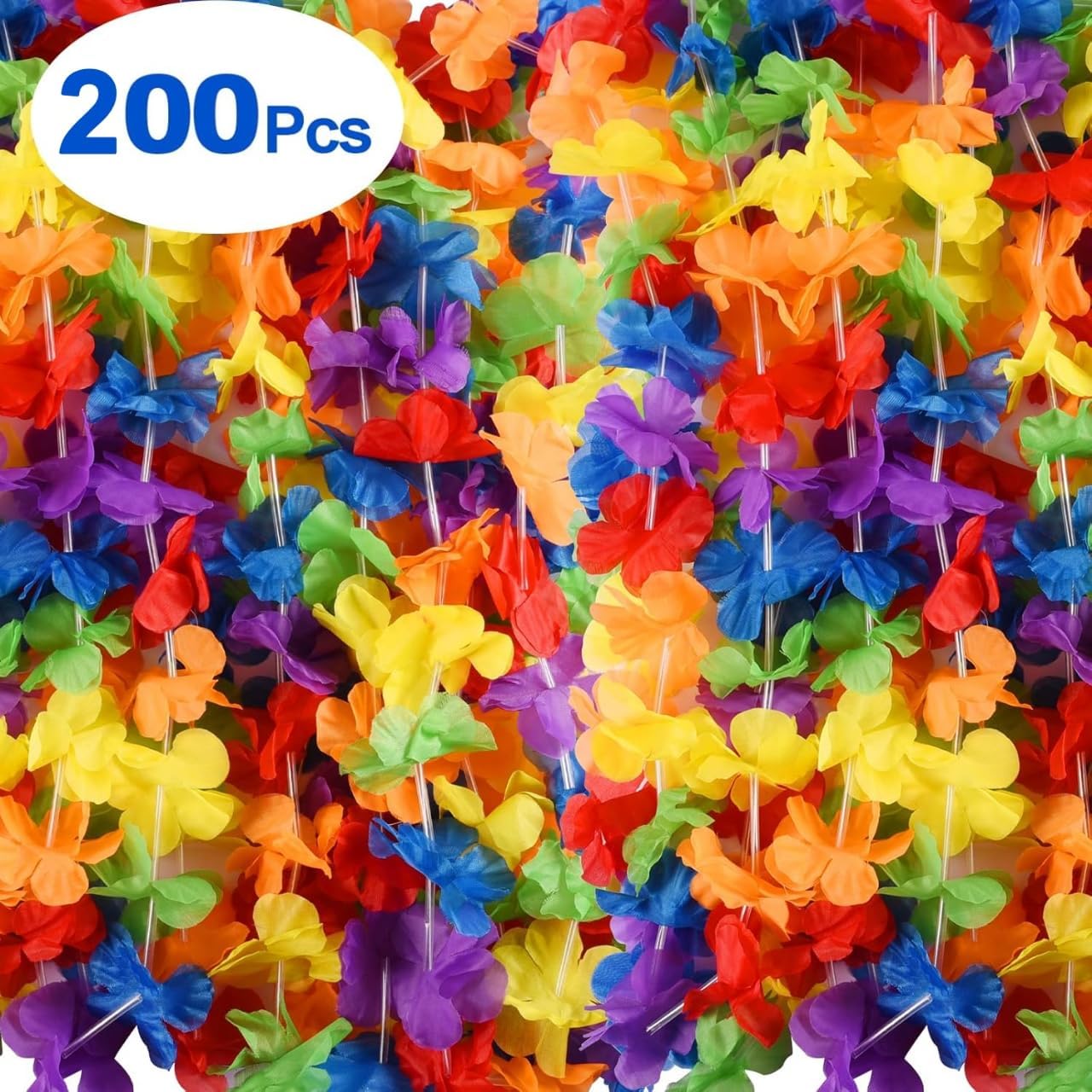 Hananona 200 Pcs Artificial Hawaii Flower Garland Hawaiian Artificial Flowers Neck Loop, Bulk Luau Leis Necklaces for Hula Leis Dance Tropical Theme Party Favors (200, Rainbow)