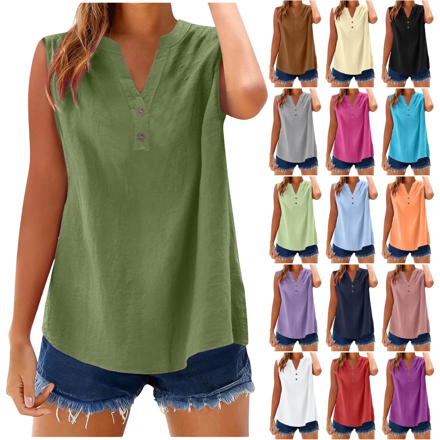 Summer Tops for Women 2026 Fashion Sleeveless Cotton Linen Shirts Casual Button V Neck Tank Tops Outfits