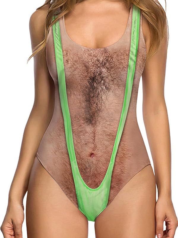 Women Funny Chest Muscle Deep V Backless One Piece Bathing Suit