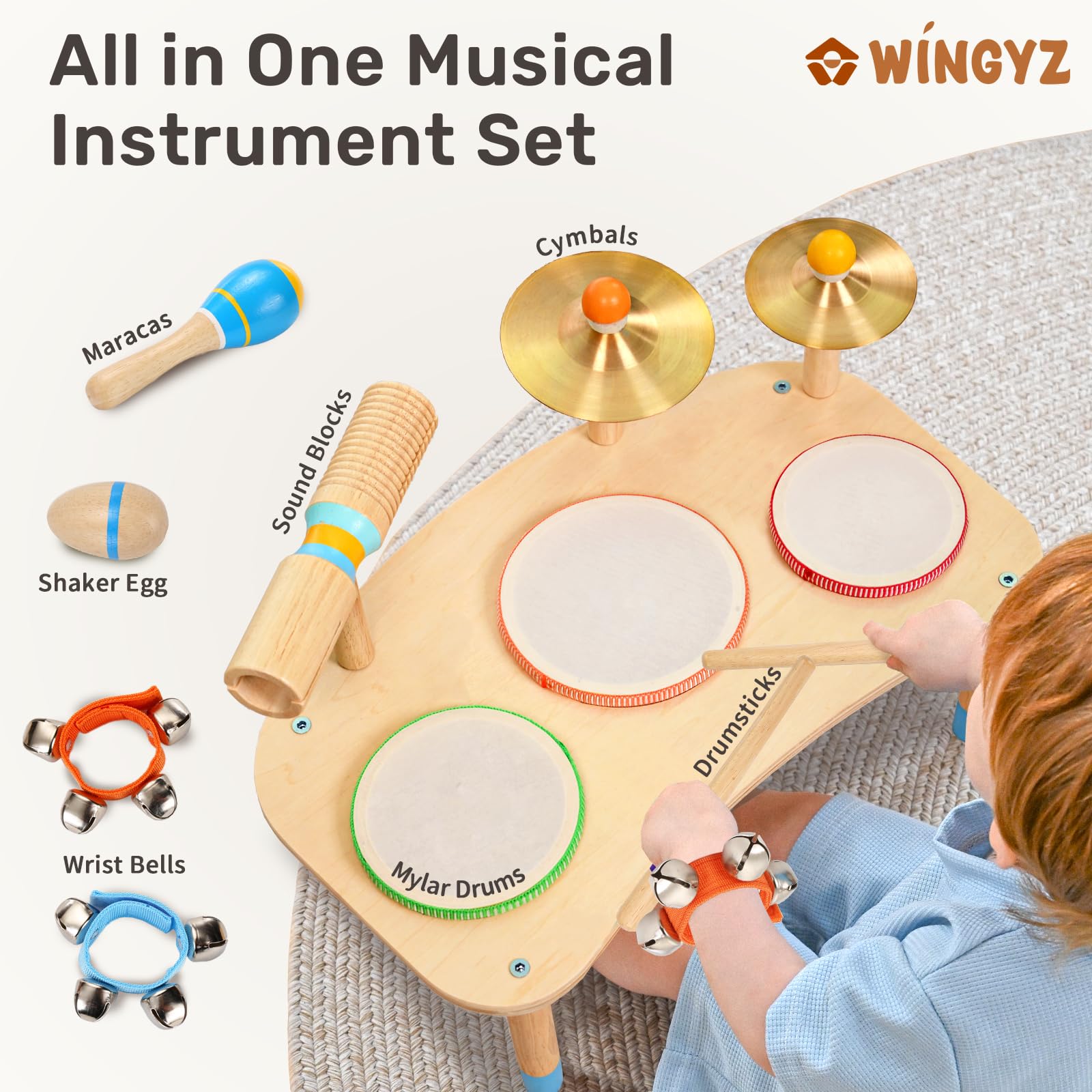 WINGYZ 11 in 1-Schlagzeug für Kinder ab 1 Jahr Musikinstrumenten-Set aus Holz, Baby-Schlagzeug mit Handgelenksglocken für Kleinkinder Geschenke zum 1. Geburtstag für Jungen und Mädchen Musikspielzeug