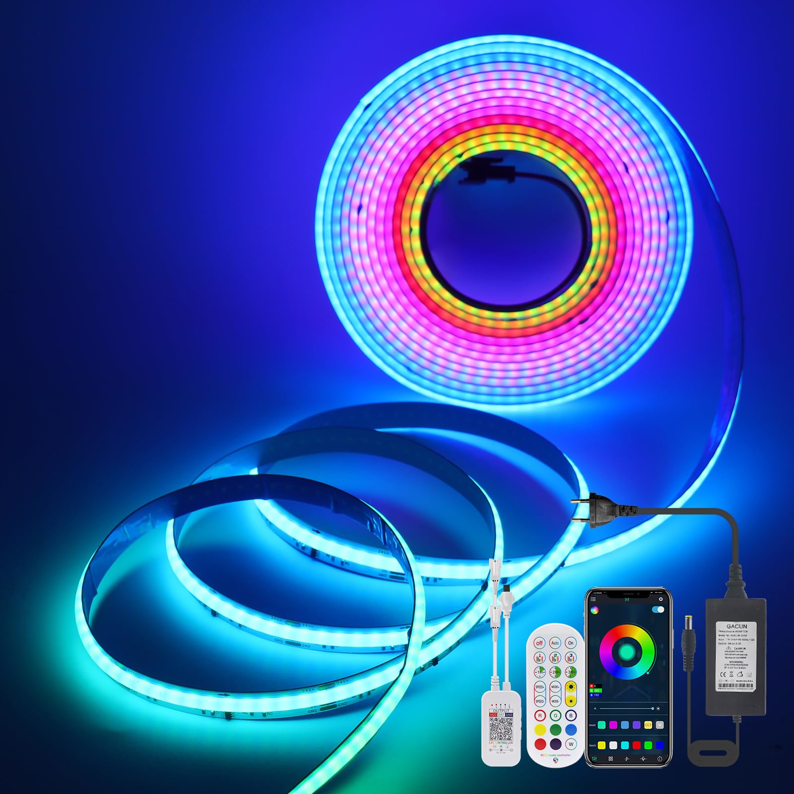KISUFU 12V WS2811 COB RGB Tira de Luces LED de Neón,576 LEDs/m 3 pin Tira de LED con Wifi Música 24 teclas ir Controlador a todo color No Impermeable IP21 neon light para El hogar DIY Decoración