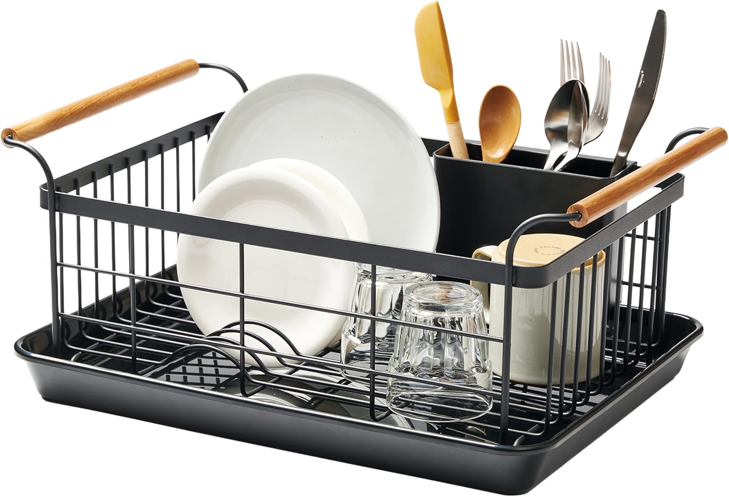 YAMAZAKI Home Dish Drying Rack – Modern Black Dish Rack for Kitchen Counter with Removable Drainer Tray and Cutlery Holder, Steel + Wood Dish Drying Organizer, Small Space-Saving Design