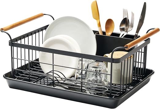 YAMAZAKI Home Dish Drying Rack Modern Black Dish Rack for Kitchen Counter with Removable Drainer Tray and Cutlery Holder, Steel + Wood Dish Drying Organizer, Small Space-Saving Design