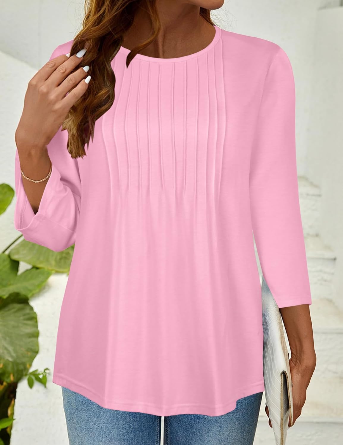 rosemia Womens Tops 3/4 Length Sleeve Blouses Dressy Casual Pleated Front T Shirts Loose Fit Tunic - Image 7
