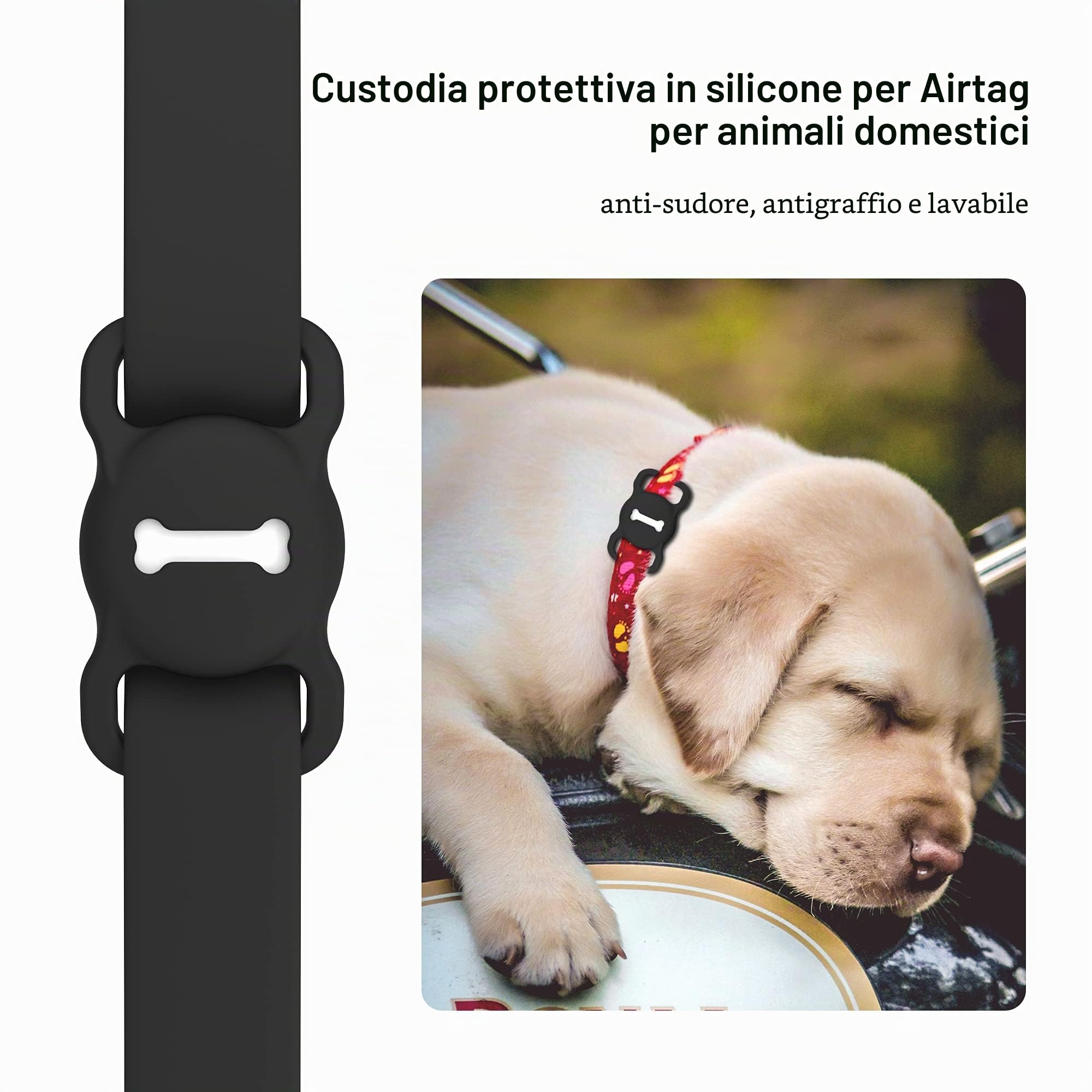 Airtag - Supporto per collare per cani, DLENP, in silicone, per il monitoraggio GPS, per gatti e gatti con motivo osseo (1 confezione (nero)