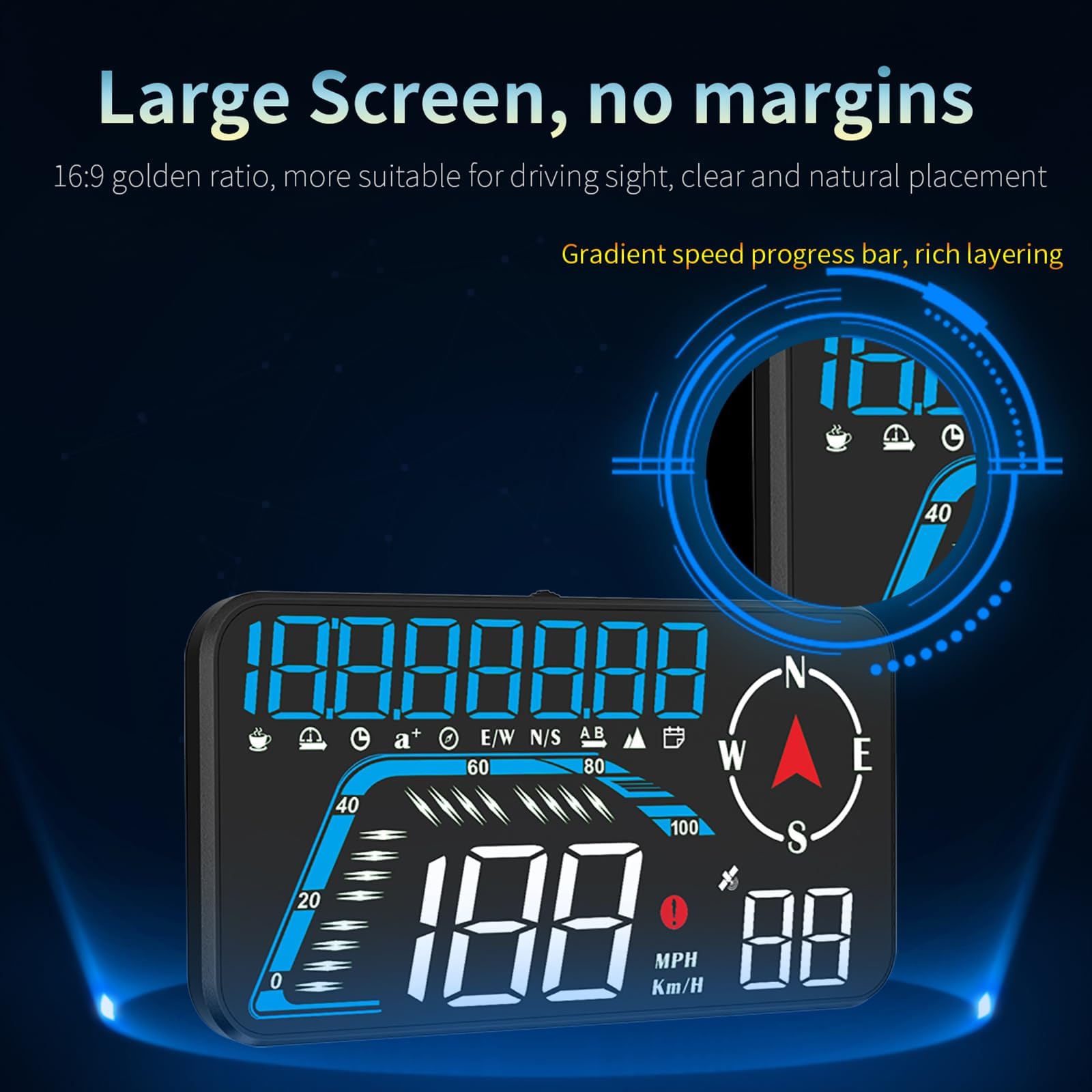 Ampio display Screen Car Head up, KM/H e MPH, AMROOLOO GPS, tachimetro con promemoria di velocità e fatica, adatto per tutti i veicoli